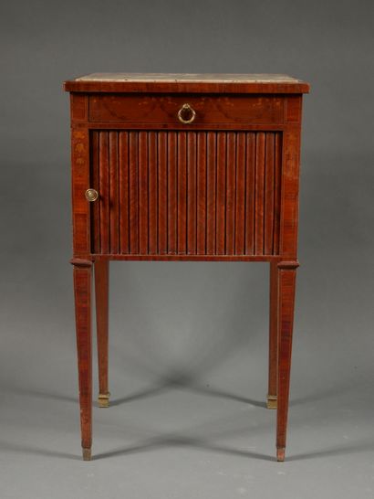 null A Louis XVI style veneered table with one drawer and a curtain flap, with a...