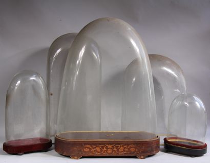 Four curved glass globes and three wooden...