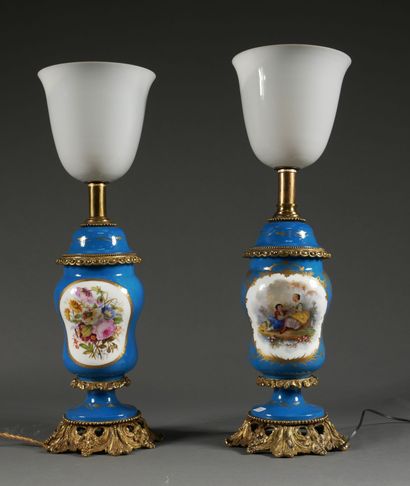 null Pair of baluster lamp bases in turquoise blue enamelled metal decorated in a...