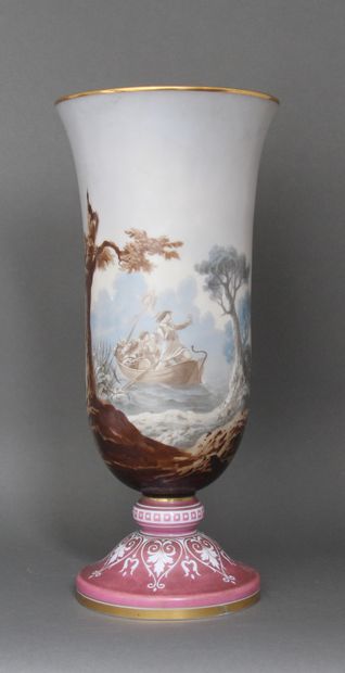 null An opaline baluster vase on pedestal with polychrome decoration and gilt border,...