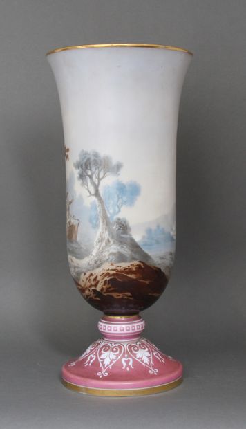 null An opaline baluster vase on pedestal with polychrome decoration and gilt border,...