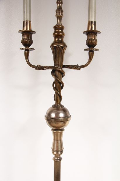 null Quadripod candelabra in silver plated metal with three lights, mounted as a...