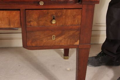 null Mahogany veneered stepped cylinder desk, sheath legs, black marble top, 19th...
