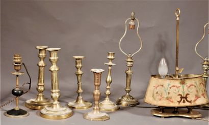 null Lot of bronze candlesticks (some mounted as lamps)