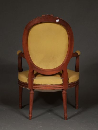 null Natural wood cabriolet armchair with medallion back, Louis XVI style