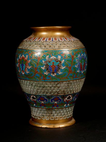 null A bronze and cloisonné bronze baluster vase with foliage friezes, China, early...