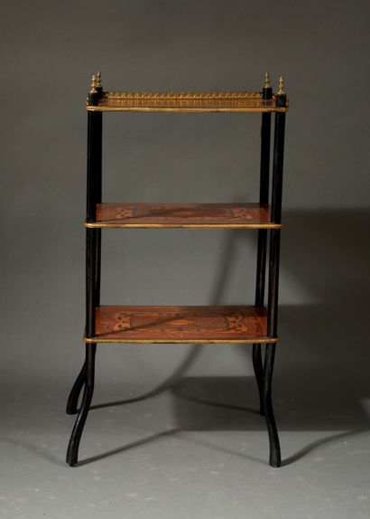 null Rectangular pedestal table in veneer with three trays and an openwork metal...