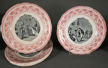 null *GIEN

Six earthenware plates with red printed decoration A wedding in the country

D...