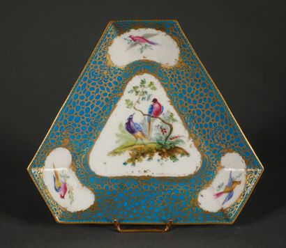 null A triangular cutaway porcelain pocket with birds on a turquoise blue and gilt...