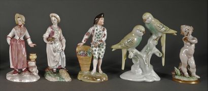 null A set of polychrome porcelain figures and birds in the 18th century style, some...