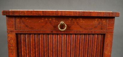 null A Louis XVI style veneered table with one drawer and a curtain flap, with a...
