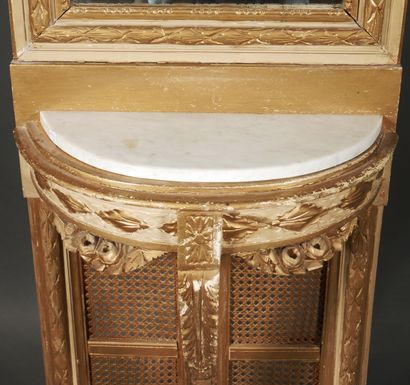 null A carved wood and grey lacquered console table with a white marble half-moon...