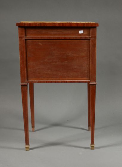 null A Louis XVI style veneered table with one drawer and a curtain flap, with a...
