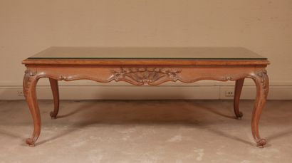 null Rectangular oak coffee table carved with flowers, arched legs, Louis XV style

H...