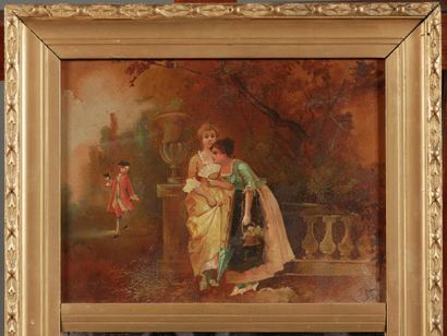 null Small stuccoed wood overmantel topped by a painted panel of a gallant scene

70...