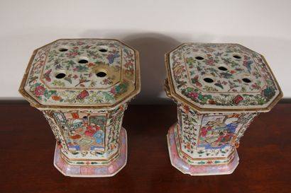 null Two polychrome porcelain incense burners with characters, 19th century Canton.

H...