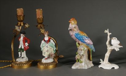 null A set of polychrome porcelain figures and birds in the 18th century style, some...