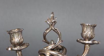 null Paire de bouts de table en métal argenté à deux lumières, style Louis XV

H...