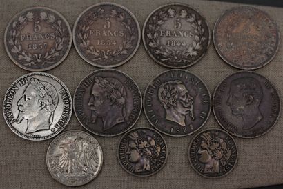 null *Lot de pièces en argent (usures) :

- Six p. 5 FF 1834, 1837, 1844, 1867, 1868,...