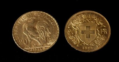 null *Une pièce de 20 FF 1913 et une pièce de 20 F Suisse 1927 en or