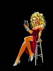 DANY Jeune femme sur un tabouret de bar en tenue de soirée rouge-rose. Illustration...