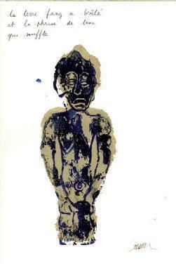 ARMAN Statuette, pochoir rehaussé à l'encre noire bleue et dorée. Format 29,5x41...