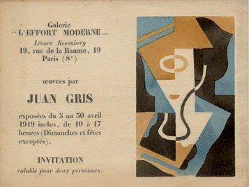 JUAN GRIS Carton d'invitation, pochoir en couleurs, galerie L'Effort Moderne, Léonce...