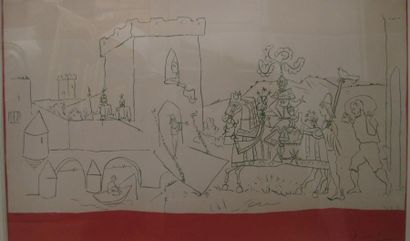 Pablo Picasso d'après L' ARRIVEE DU CHEVALIER. 21- 2 - 51 A vue: 46 x 74cm. Lithographie...