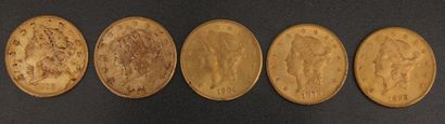 *Cinq pièces de 20 dollars en or 1879, 1884,...