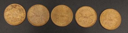 null *Cinq pièces de 20 dollars en or 1879, 1884, 1893, 1898,1904