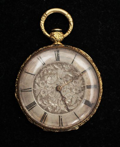 null Neck watch in 18k yellow gold, the back guilloche and frieze of foliage, hallmarked...