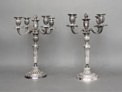 null Pair of candelabras in silver plated metal with four arms of light, Louis XVI...