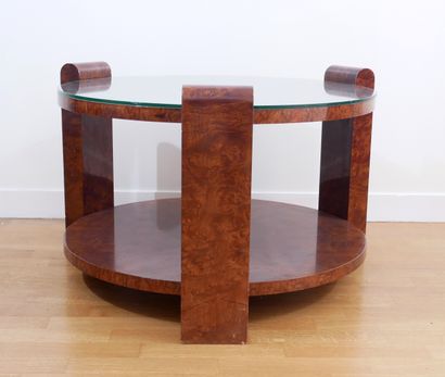 null Round pedestal table in burl veneer with two trays joined by three rectangular...