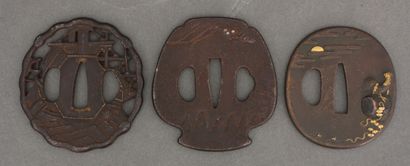 null Three iron tsuba, one in the shape of a jar, decorated in iroe-takazogan and...