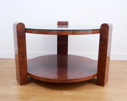 null Round pedestal table in burl veneer with two trays joined by three rectangular...