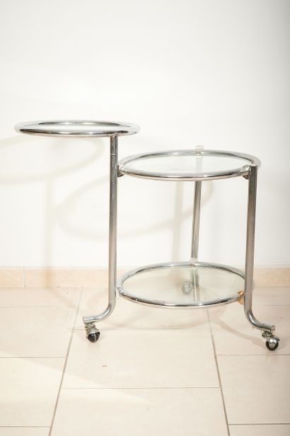null MODERNIST WORK

	Rolling table in nickel-plated tubular metal with three circular...