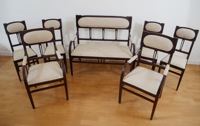 null Stained wood living room furniture with openwork back, beige fabric upholstery,...