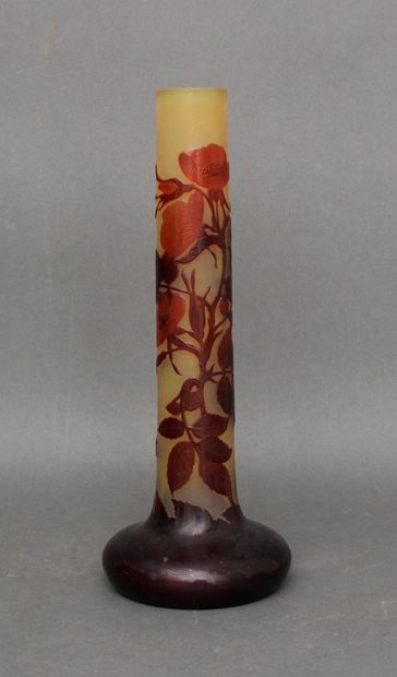 null ETABLISSEMENT GALLE

Tubular vase on swollen base. Proof in red and orange multi-layer...