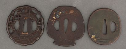 null Three iron tsuba, one in the shape of a jar, decorated in iroe-takazogan and...