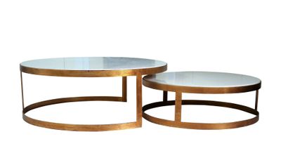 null Two round coffee tables in gilded metal and reconstituted stone tops, contemporary...