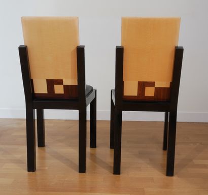 null Mahogany, sycamore and black wood veneer dining room furniture with geometric...