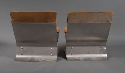 *Pierre FOLIE (1938-) - CHARPENTIER ed. 
Pair of armchairs with folded steel sheet...