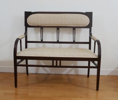 null Stained wood living room furniture with openwork back, beige fabric upholstery,...