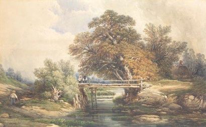 "HUBERT (XIX-XXème)" "Paysan sur le vieux pont Aquarelle, signée en bas à gauche....
