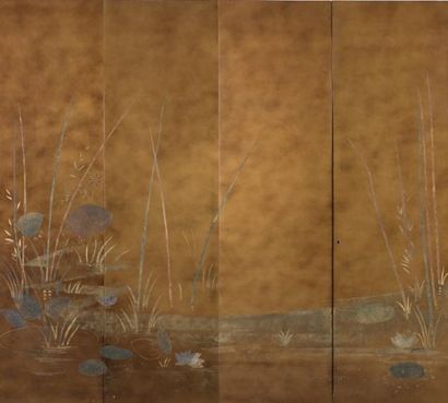 "Henri TAMBUTE" "ART NOUVEAU - ART DECO Quatre feuilles articulées en bois recouvert...