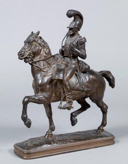 "D'après Emmanuel FREMIET (1824-1910)" "Carabinier à cheval Statuette en bronze à...