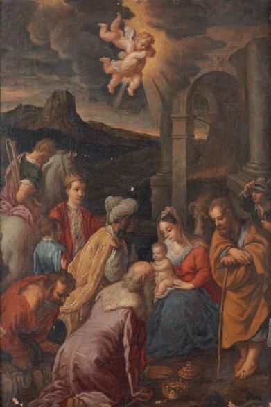 "ECOLE ITALIENNE du XVIIe siècle" "Adoration des Rois-Mages Huile sur toile (rentoilage;...
