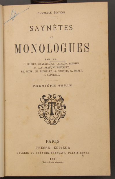 null COLLECTIF. Saynetes et monologues.

2 vol. In-12, ½ chagrin.

Tresse, 1882.

Collaborations...