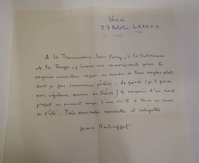 null Jean DUBUFFET.

Lettre autographe à Jean Ferry, 27 palotin 87 (16 mai 1960)....
