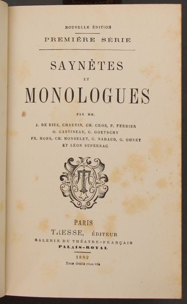null COLLECTIF. Saynetes et monologues.

2 vol. In-12, ½ chagrin.

Tresse, 1882.

Collaborations...